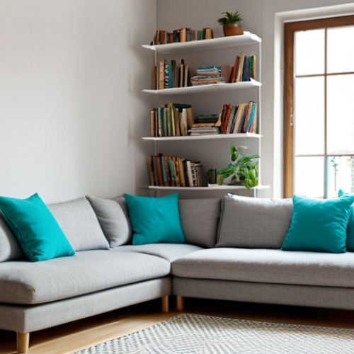 Home 11 **Image Prompt:** A small, stylish apartment interior. Focus on light and airy atmosphere with white or beige walls. Turquoise cushions on a gray sofa provide a color accent. Include vertical shelving filled with books and travel souvenirs. Soft, natural lighting, perhaps from a large window. Add some plants for a pop of greenery.