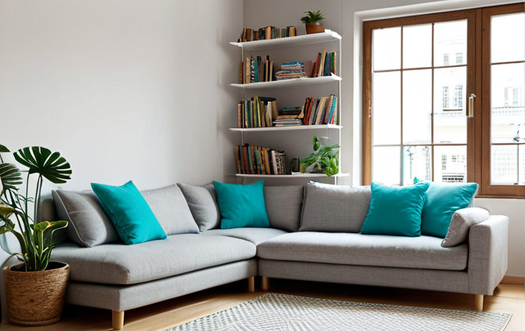 **Image Prompt:** A small, stylish apartment interior. Focus on light and airy atmosphere with white or beige walls. Turquoise cushions on a gray sofa provide a color accent. Include vertical shelving filled with books and travel souvenirs. Soft, natural lighting, perhaps from a large window. Add some plants for a pop of greenery.