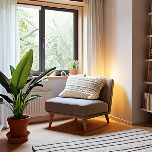 Home 6 A serene and personalized "flex living" apartment interior, showcasing clever space utilization. A cozy reading nook with a plush armchair by a window is subtly separated by tall, lush potted plants, creating a natural visual divider. Soft, warm ambient light illuminates personalized elements like a unique ceramic mug, a comfortable knitted blanket, and a small stack of books. The overall atmosphere conveys a calm, intentional sanctuary within a compact, multifunctional urban dwelling, blending modern flexibility with personal warmth and a touch of nature.
