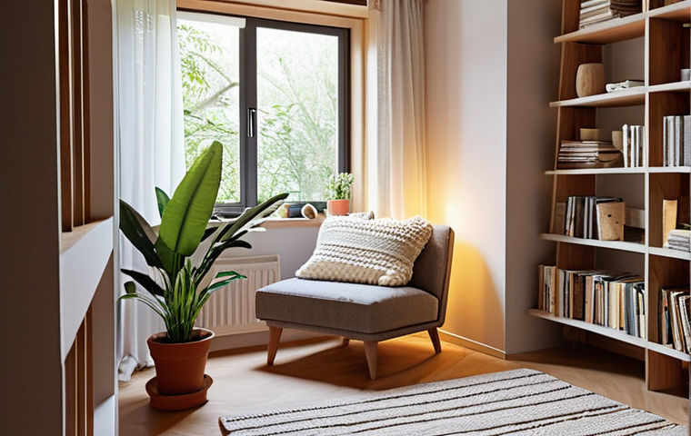 A serene and personalized "flex living" apartment interior, showcasing clever space utilization. A cozy reading nook with a plush armchair by a window is subtly separated by tall, lush potted plants, creating a natural visual divider. Soft, warm ambient light illuminates personalized elements like a unique ceramic mug, a comfortable knitted blanket, and a small stack of books. The overall atmosphere conveys a calm, intentional sanctuary within a compact, multifunctional urban dwelling, blending modern flexibility with personal warmth and a touch of nature.