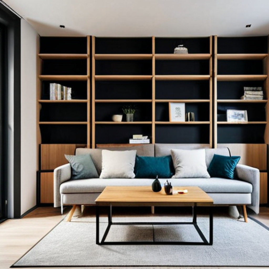 Multifunctional Furniture in a Small Apartment**
A modern, fully clothed woman sits on a stylish, multi-functional sofa that converts into a bed in a compact Warsaw apartment. The room features a coffee table with hidden storage and vertical shelving. Natural light streams through a large window. Safe for work, appropriate content, fully clothed, perfect anatomy, natural proportions, high-quality interior design photography, professional.
**