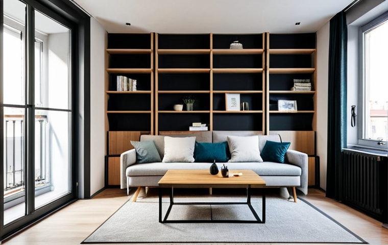 Multifunctional Furniture in a Small Apartment**
A modern, fully clothed woman sits on a stylish, multi-functional sofa that converts into a bed in a compact Warsaw apartment. The room features a coffee table with hidden storage and vertical shelving. Natural light streams through a large window. Safe for work, appropriate content, fully clothed, perfect anatomy, natural proportions, high-quality interior design photography, professional.
**