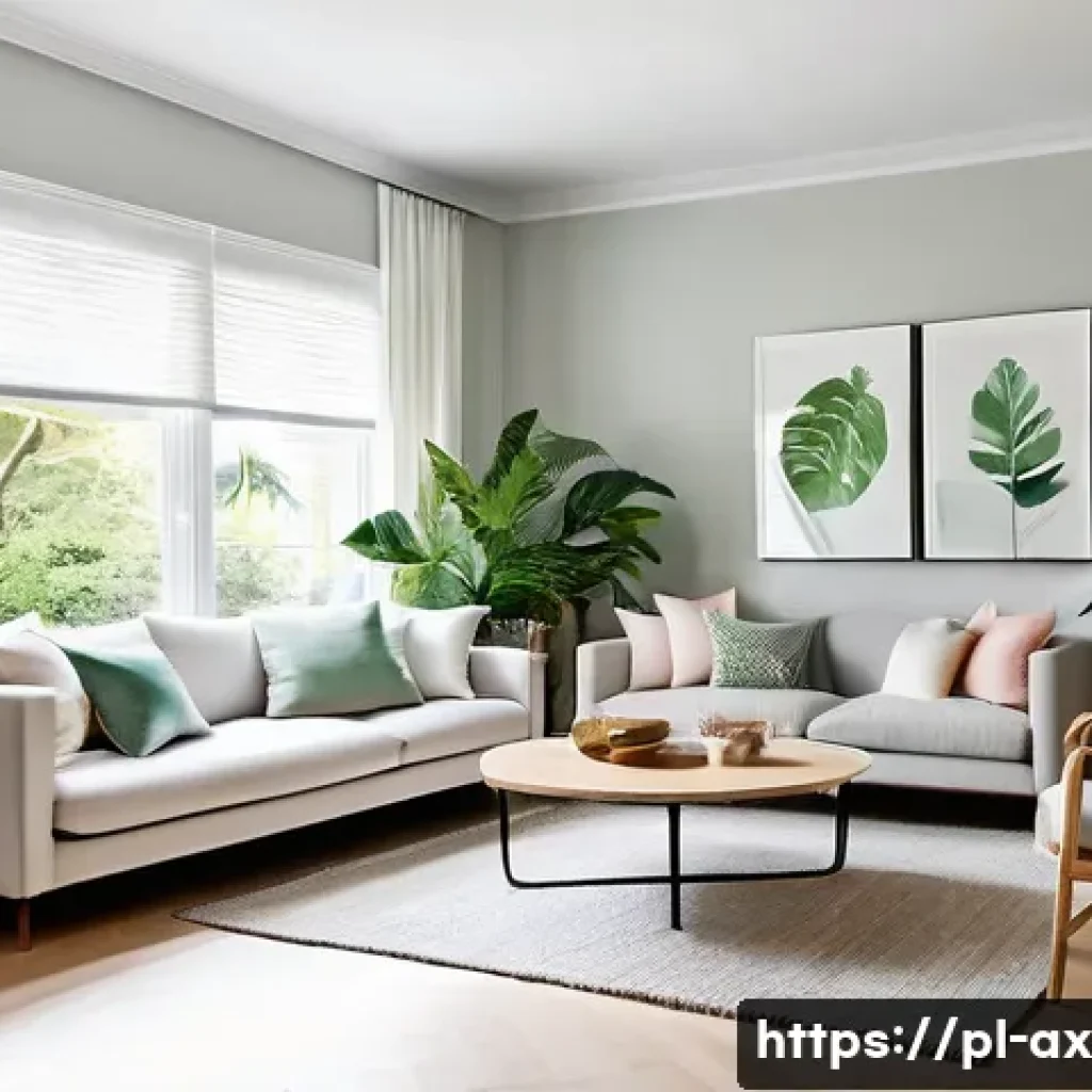 플렉스 리빙 공간에서의 자연 채광 활용 - **Prompt:** A cozy yet spacious-feeling living room, bathed in abundant natural light streaming from...