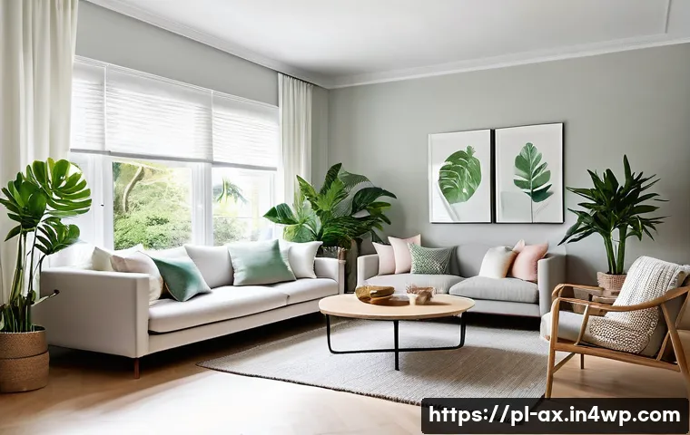 플렉스 리빙 공간에서의 자연 채광 활용 - **Prompt:** A cozy yet spacious-feeling living room, bathed in abundant natural light streaming from...