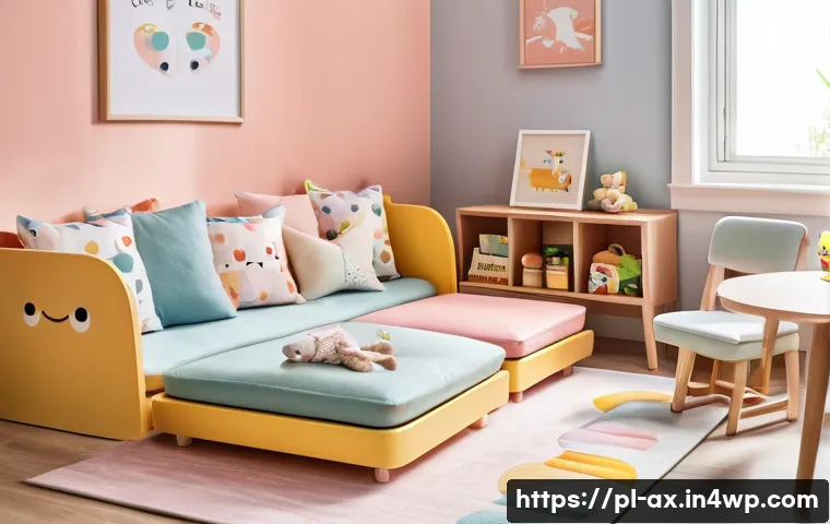 플렉스 리빙 공간에서의 유아 공간 디자인 - A cozy and multifunctional small living space corner designed for a toddler, featuring modular furni...