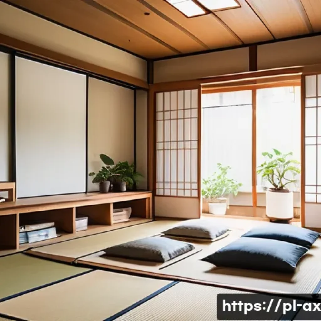 플렉스 리빙 공간에서의 역사적 사례 연구 - A detailed interior scene of a traditional Japanese small apartment featuring sliding shoji screens ...
