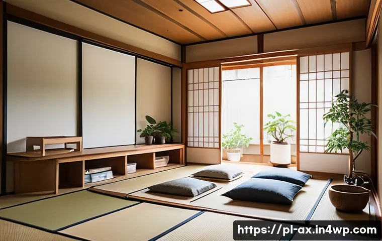 플렉스 리빙 공간에서의 역사적 사례 연구 - A detailed interior scene of a traditional Japanese small apartment featuring sliding shoji screens ...