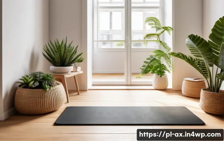 플렉스 리빙 공간에서의 요가 및 운동 공간 만들기 - A cozy small apartment corner transformed into a minimalist home workout space bathed in natural lig...