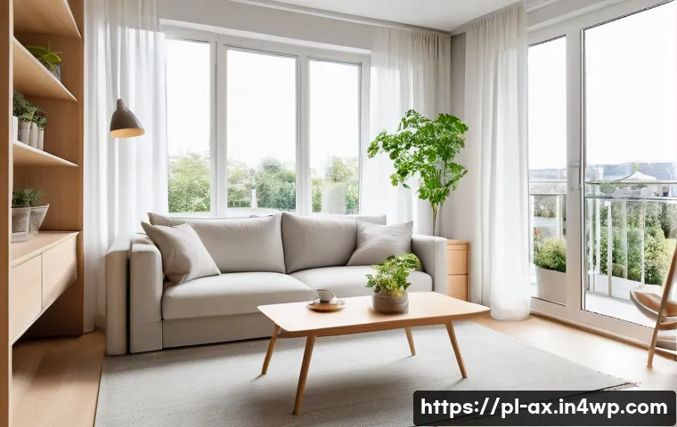 플렉스 리빙 공간의 실용적인 배치 아이디어 - A bright and modern small apartment living room featuring modular furniture: a light beige fold-out ...