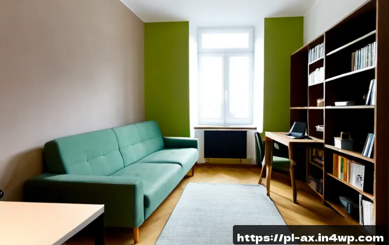 플렉스 리빙 공간의 공간 분리 방법 - Photorealistic modern Warsaw apartment flex living space, wide eye-level interior view showing clear...