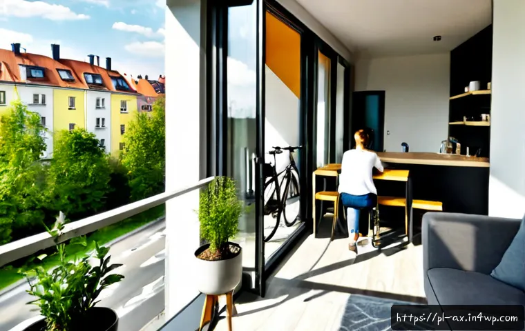 플렉스 리빙 공간과 지역 환경의 상호작용 - Photorealistic flexible living space in a modern Warsaw apartment, modular sofa and foldable dining ...