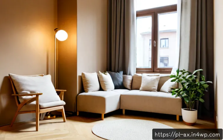 Home 17 플렉스 리빙 공간에서의 코너 활용 아이디어 - Photorealistic compact Warsaw apartment living room, an unused corner transformed into a cozy readin...